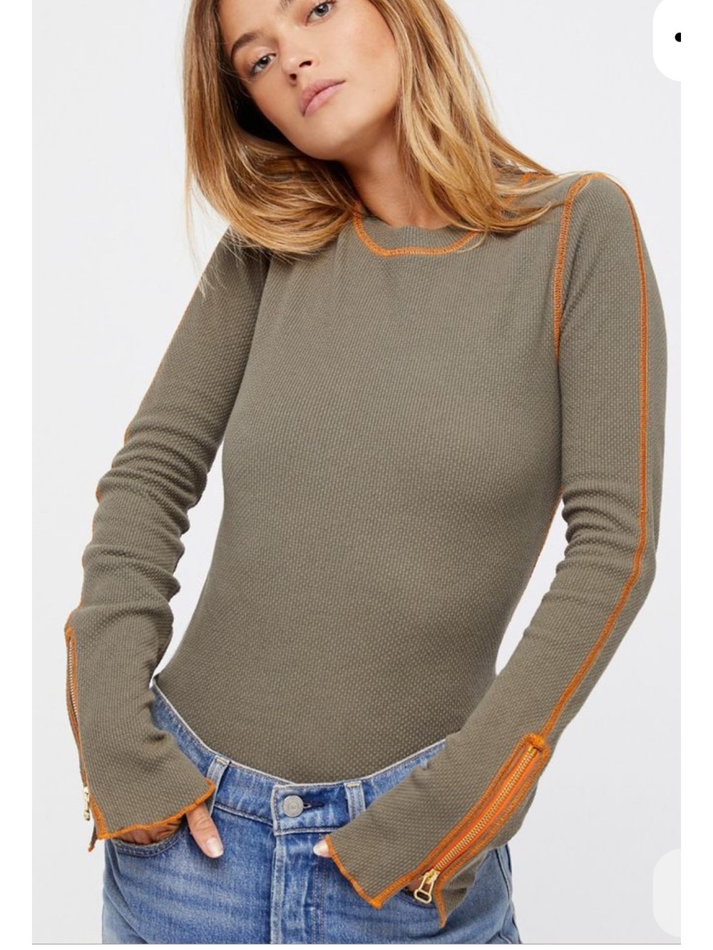 Free People Olive  Zip It Cuff Thermal Top with Neon Orange Trim size M